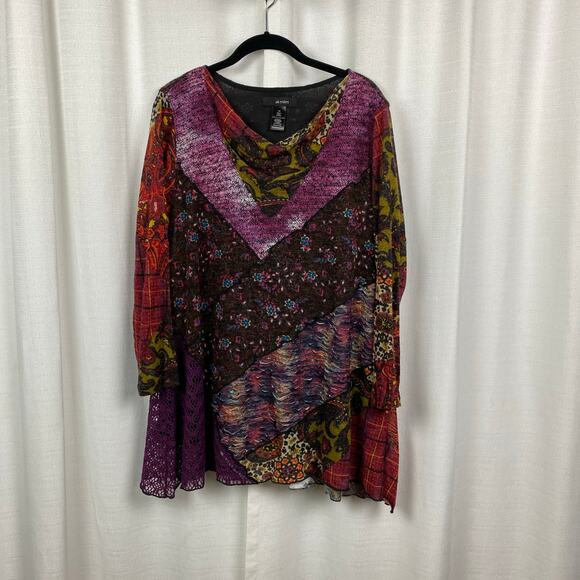 Ali Miles Brown&Purple Patchwork Mixed Media Cowl Neck Tunic Sz.1X - Picture 1 of 12
